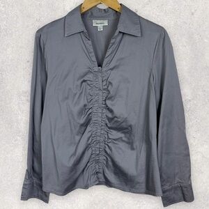 Dressbarn Grey Ruched Front Long Sleeve Blouse Size Large Collared Business Top‎
